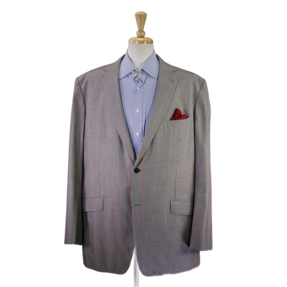 Astor & Black Custom Black Red Plaid Windowpane 140's Wool Sportcoat 46XL